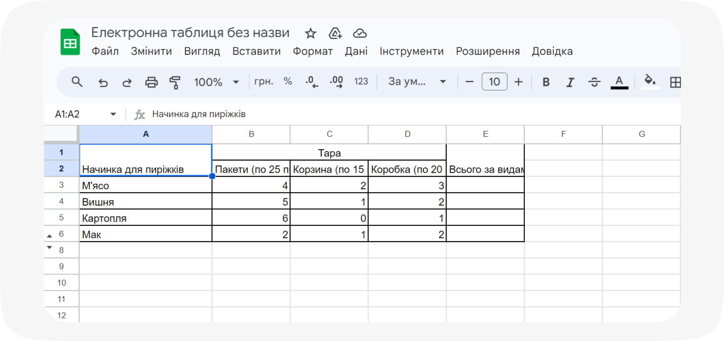 6. У таблиці потрібно обчислити загальну кількість пиріжків для кожного виду начинки у стовпці E «Всього за типами начинки».